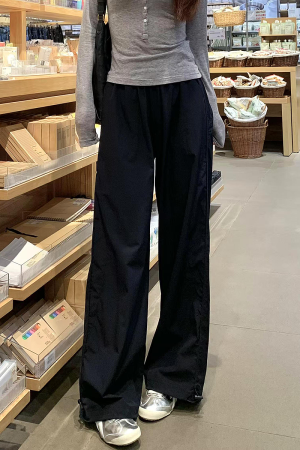 Women's Navy Blue Wide-Leg High-Waisted Casual Work Pants - 2025 Summer American Style Loose Fit Sports Trousers