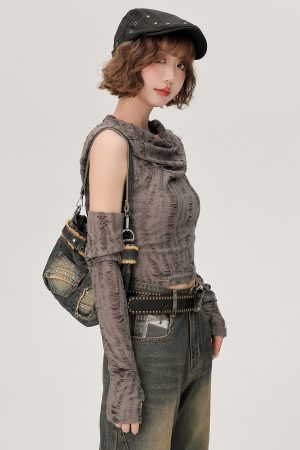 Women's Off-Shoulder Hooded Tank Top - Spicy Girl Wasteland Style, Summer Short Set, American 90s Fashion