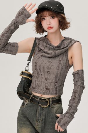 Women's Off-Shoulder Hooded Tank Top - Spicy Girl Wasteland Style, Summer Short Set, American 90s Fashion