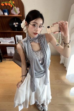 Women's Off-Shoulder Spliced Fake Two-Piece T-Shirt, Summer Plaid Sleeveless Vest, Chic Sexy Casual Top
