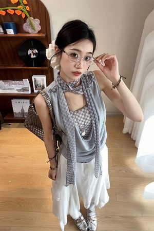 Women's Off-Shoulder Spliced Fake Two-Piece T-Shirt, Summer Plaid Sleeveless Vest, Chic Sexy Casual Top