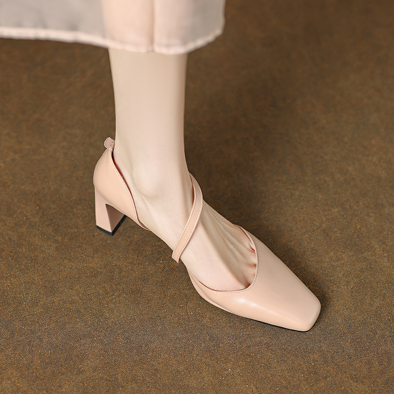 Women's One-Strap Open-Toe Chunky High Heels Sandals - Elegant Hollow Design for Summer 2025, Non-Luxury Genuine Leather Women's One-Strap Open-Toe Chunky High Heels Sandals - Elegant Hollow Design for Summer 2025, Non-Luxury Genuine Leather