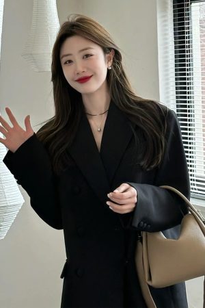 Women's Oversized Black Double-Breasted Suit Jacket - Trendy 2025 Spring Style, Loose Silhouette, High-End Fashion