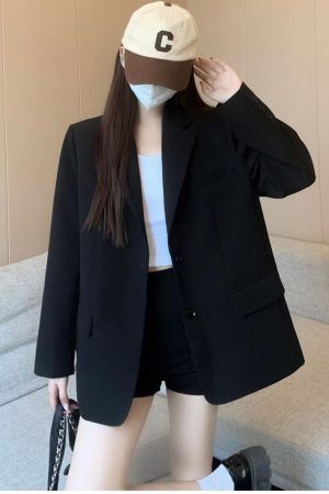 Women's Oversized Black Suit Jacket - Casual High-End Blazer for Petite Sizes, Spring Autumn 2025 Fashion