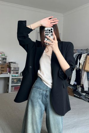 Women's Oversized Black Suit Jacket, Casual Loose Fit Blazer, High-End Feel, Plus Size, Spring Autumn 2025 Fashion