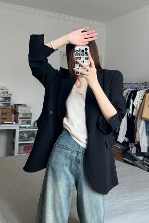 Women's Oversized Black Suit Jacket, Casual Loose Fit Blazer, High-End Feel, Plus Size, Spring Autumn 2025 Fashion