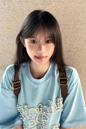 Women's Oversized Blue Heavyweight T-Shirt - American College Style with Pearl Letter Detail, Short Sleeve, Round Neck