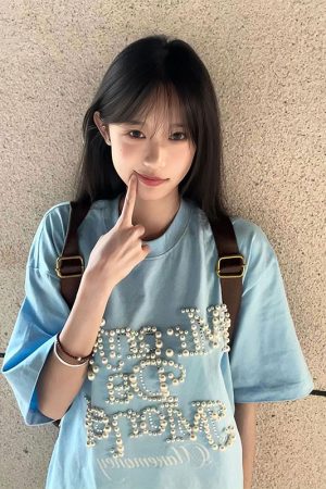 Women's Oversized Blue Heavyweight T-Shirt - American College Style with Pearl Letter Detail, Short Sleeve, Round Neck