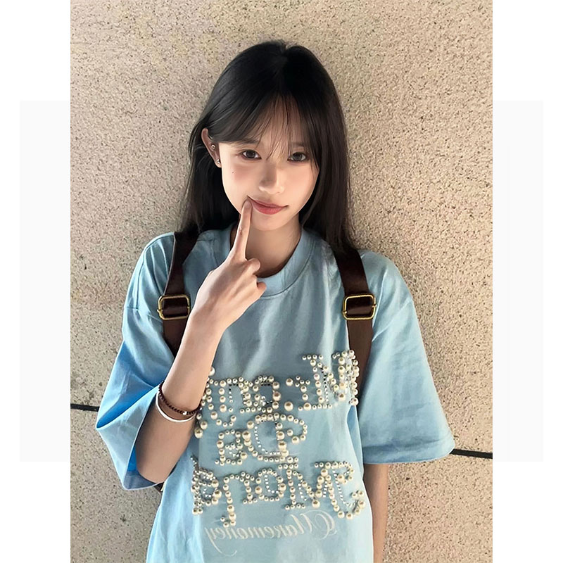 Women's Oversized Blue Heavyweight T-Shirt - American College Style with Pearl Letter Detail, Short Sleeve, Round Neck Women's Oversized Blue Heavyweight T-Shirt - American College Style with Pearl Letter Detail, Short Sleeve, Round Neck