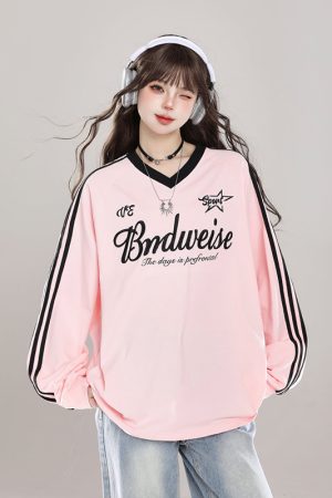 Women's Oversized Color-Block V-Neck T-Shirt - Retro Casual Summer Short Sleeve Top