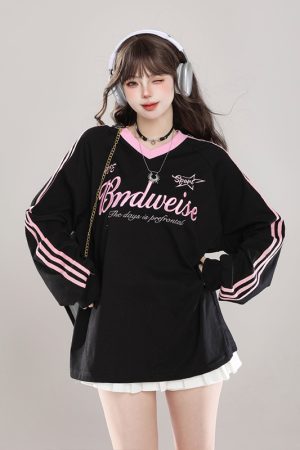 Women's Oversized Color-Block V-Neck T-Shirt - Retro Casual Summer Short Sleeve Top