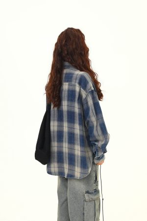 Women's Oversized Plaid Shirt - Retro American Street Style, Loose Fit Checkered Top for Autumn Fashion