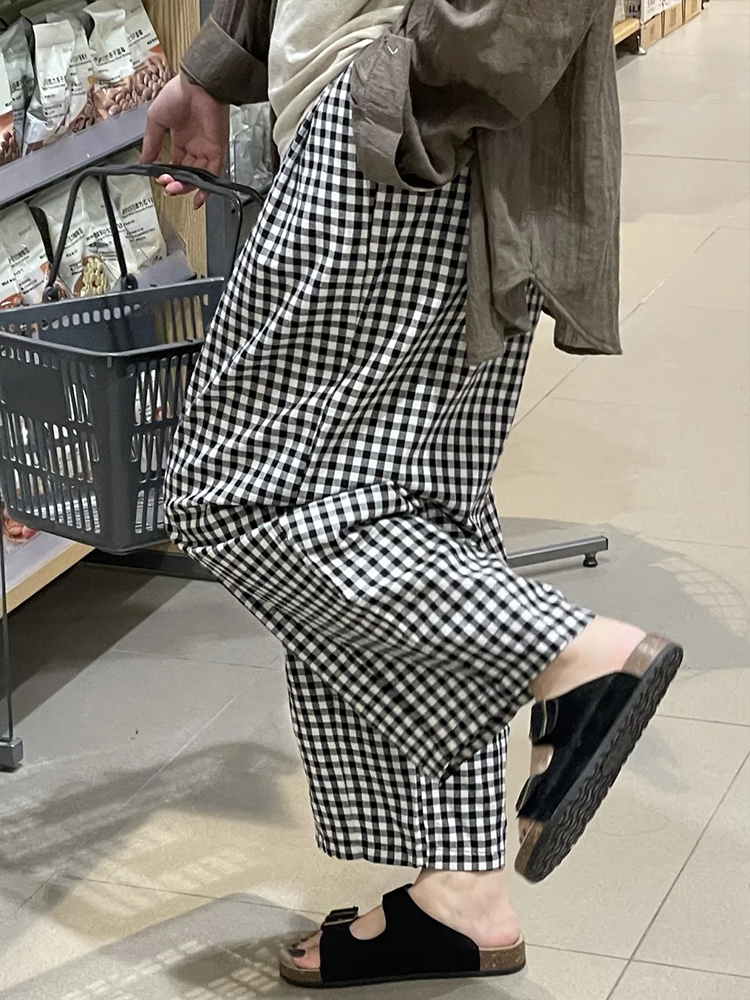 Women's Petite Plus Size Loose Checkered Cropped Wide-Leg Balloon Pants for Summer Women's Petite Plus Size Loose Checkered Cropped Wide-Leg Balloon Pants for Summer