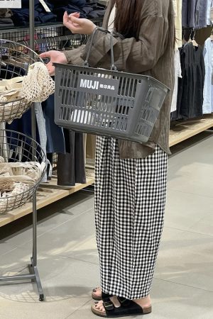 Women's Petite Plus Size Loose Checkered Cropped Wide-Leg Balloon Pants for Summer