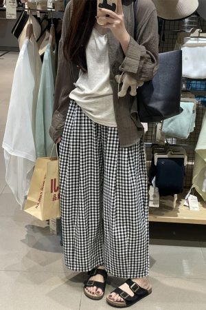 Women's Petite Plus Size Loose Checkered Cropped Wide-Leg Balloon Pants for Summer