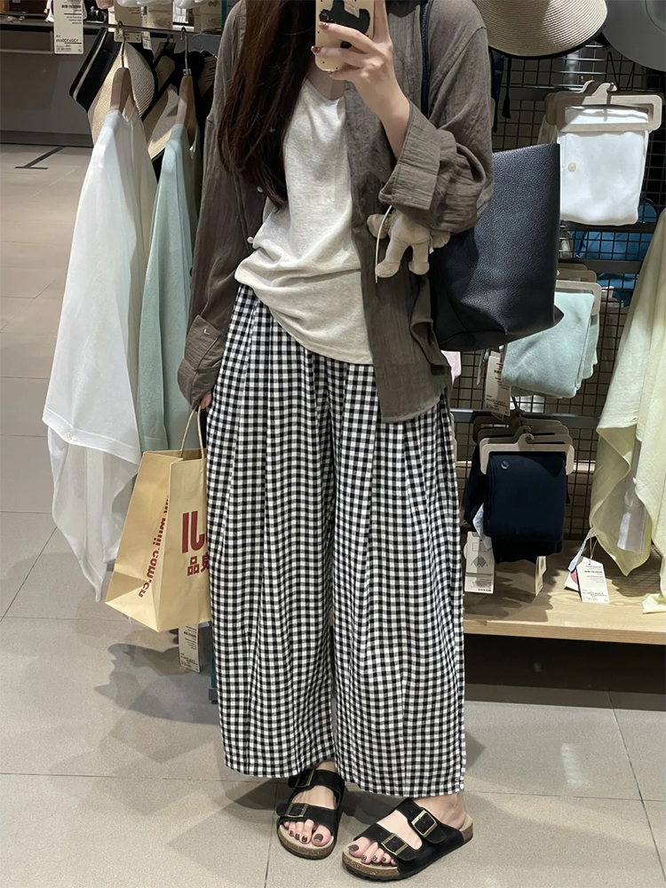 Women's Petite Plus Size Loose Checkered Cropped Wide-Leg Balloon Pants for Summer Women's Petite Plus Size Loose Checkered Cropped Wide-Leg Balloon Pants for Summer