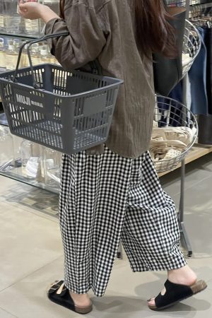 Women's Petite Plus Size Loose Checkered Cropped Wide-Leg Balloon Pants for Summer