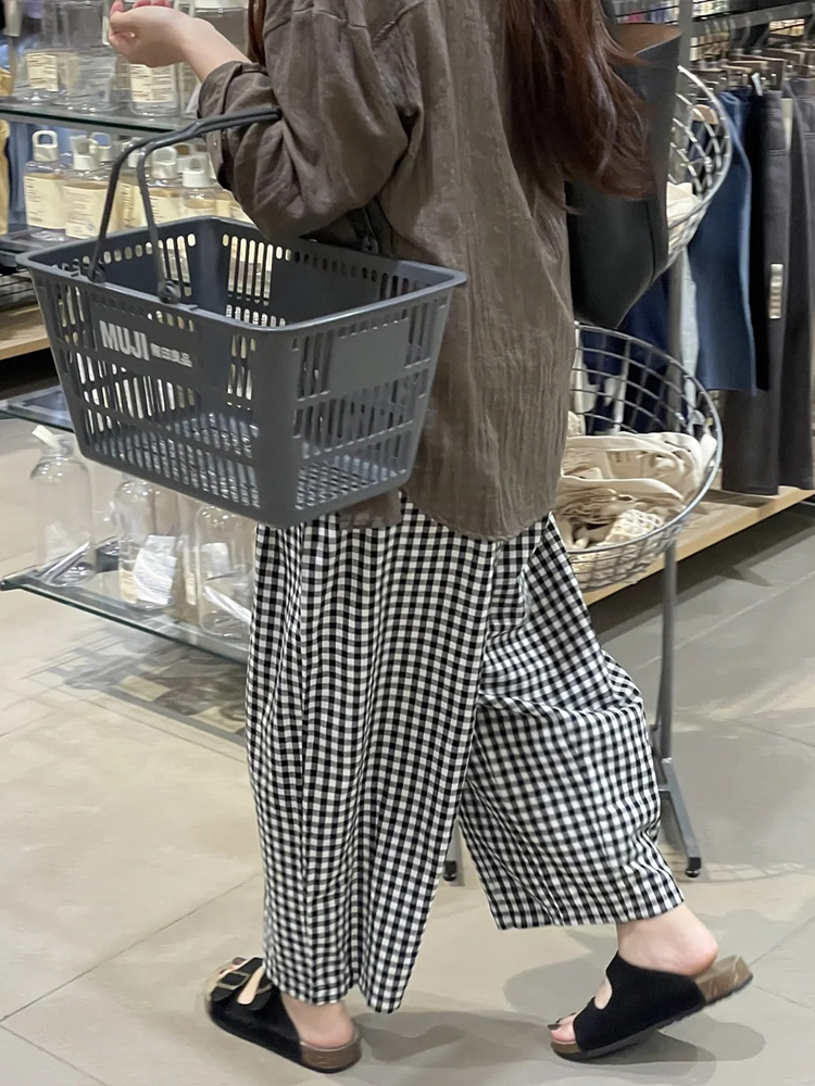 Women's Petite Plus Size Loose Checkered Cropped Wide-Leg Balloon Pants for Summer Women's Petite Plus Size Loose Checkered Cropped Wide-Leg Balloon Pants for Summer