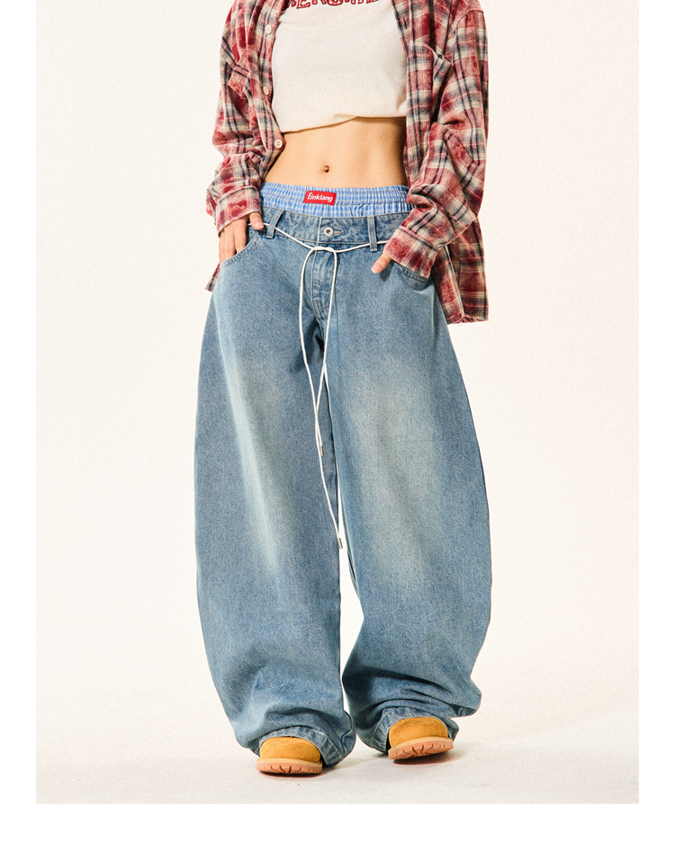 Women's Plaid Spliced Wide-Leg Trousers - Faux Two-Piece Double-Waist Curved Knife Denim Pants Women's Plaid Spliced Wide-Leg Trousers - Faux Two-Piece Double-Waist Curved Knife Denim Pants