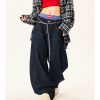 Women's Plaid Spliced Wide-Leg Trousers - Faux Two-Piece Double-Waist Curved Knife Denim Pants