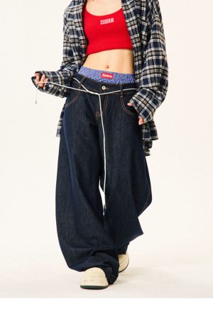 Women's Plaid Spliced Wide-Leg Trousers - Faux Two-Piece Double-Waist Curved Knife Denim Pants