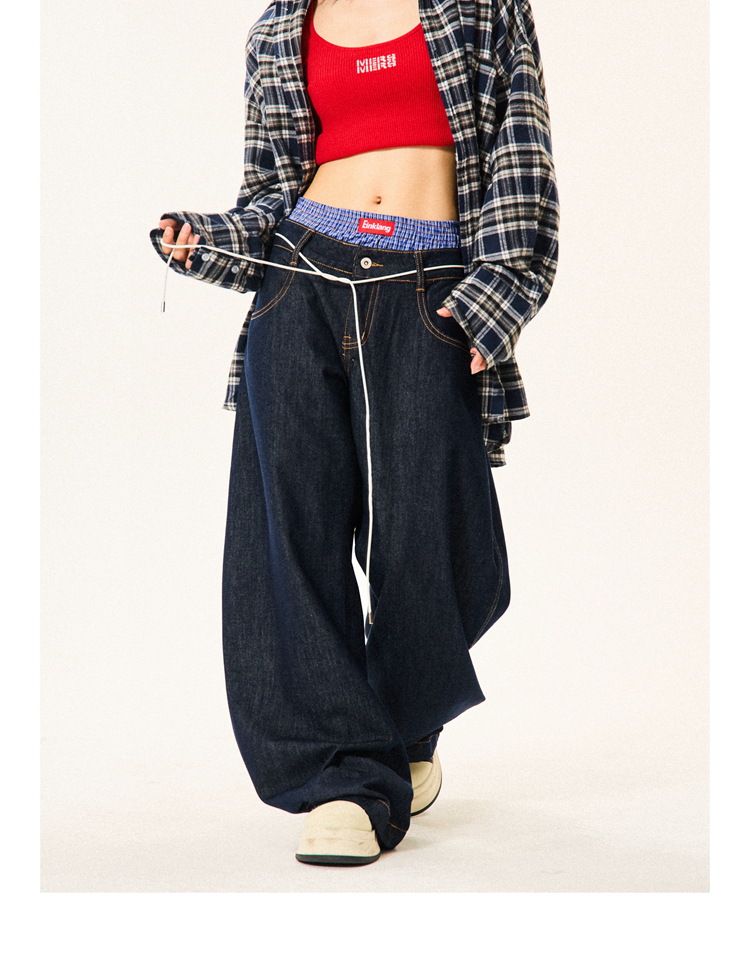 Women's Plaid Spliced Wide-Leg Trousers - Faux Two-Piece Double-Waist Curved Knife Denim Pants Women's Plaid Spliced Wide-Leg Trousers - Faux Two-Piece Double-Waist Curved Knife Denim Pants