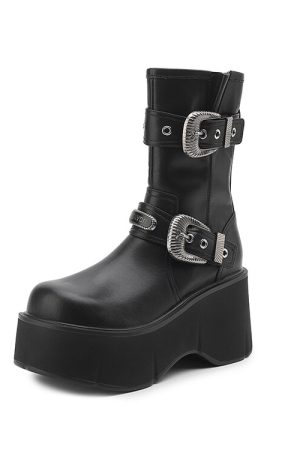 Women's Platform Thick-Soled Martin Boots with Metal Buckle - Fashionable Short Boots for Height Increase, Perfect for Petite Style