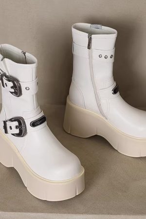 Women's Platform Thick-Soled Martin Boots with Metal Buckle - Fashionable Short Boots for Height Increase, Perfect for Petite Style