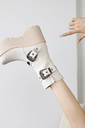 Women's Platform Thick-Soled Martin Boots with Metal Buckle - Fashionable Short Boots for Height Increase, Perfect for Petite Style