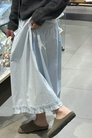 Women's Plus Size Light Blue Lace A-Line Midi Skirt, Slimming Design for Pear-Shaped Body, Trendy 2025 Style