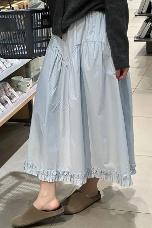 Women's Plus Size Light Blue Lace A-Line Midi Skirt, Slimming Design for Pear-Shaped Body, Trendy 2025 Style