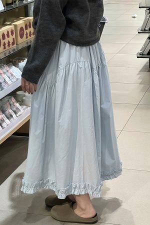 Women's Plus Size Light Blue Lace A-Line Midi Skirt, Slimming Design for Pear-Shaped Body, Trendy 2025 Style