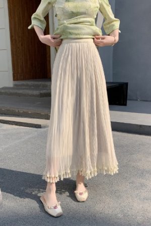 Women's Qipao Inner Slip Dress, Gentle Style with Tassel Mesh Half Skirt, Pleated A-Line Tulle, Draping Effect, Slimming Base Skirt