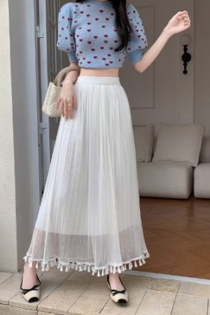 Women's Qipao Inner Slip Dress, Gentle Style with Tassel Mesh Half Skirt, Pleated A-Line Tulle, Draping Effect, Slimming Base Skirt