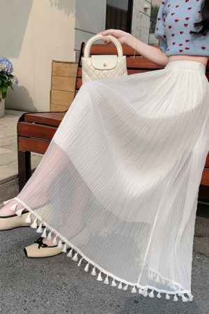 Women's Qipao Inner Slip Dress, Gentle Style with Tassel Mesh Half Skirt, Pleated A-Line Tulle, Draping Effect, Slimming Base Skirt