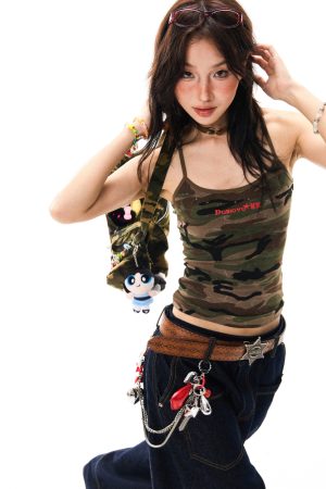 Womenâ€™s Retro Camouflage Studded Camisole - Sexy Slim-Fit Summer Top in American Style, Y2K Fashion