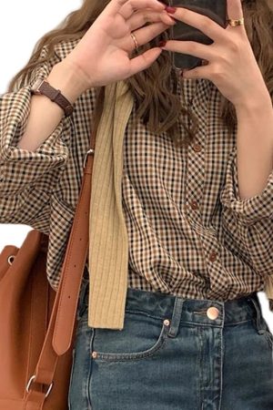 Women's Retro Checkered Polo Shirt - French Chic Top in Autumn/Summer 2025 Style, Niche Hong Kong Design