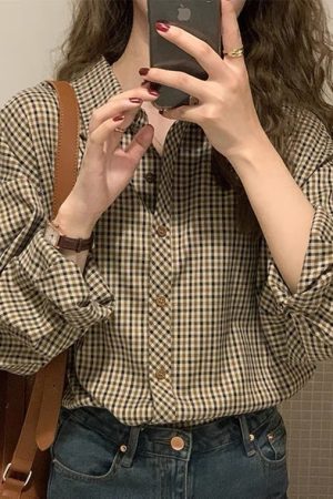 Women's Retro Checkered Polo Shirt - French Chic Top in Autumn/Summer 2025 Style, Niche Hong Kong Design