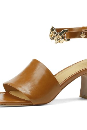 Women's Retro Chunky High Heel Sandals - Open-Toe Genuine Leather One-Strap Design with Metal Chain for Summer 2025