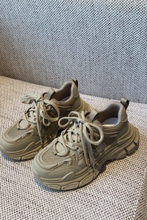 Women's Retro Dad Sneakers - Lace-Up Mesh Breathable Leather Thick-Soled Sports Leisure Shoes for Spring 2025