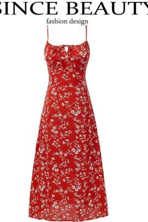 Women's Retro Floral Spaghetti Strap Dress - Waist-Cinching Long Dress for Summer Beach Vacation 2025