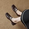 Women's Retro French Mary Jane Ballet Flats - Genuine Leather, Square Toe, Cross Strap, Mid-Heel, Vintage Style