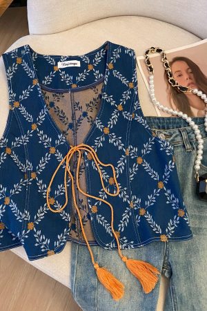 Women's Retro Jacquard Denim Vest - Ethnic Style Color-Blocked Outerwear with V-Neck and Tassel Tie-Back - Perfect for Travel