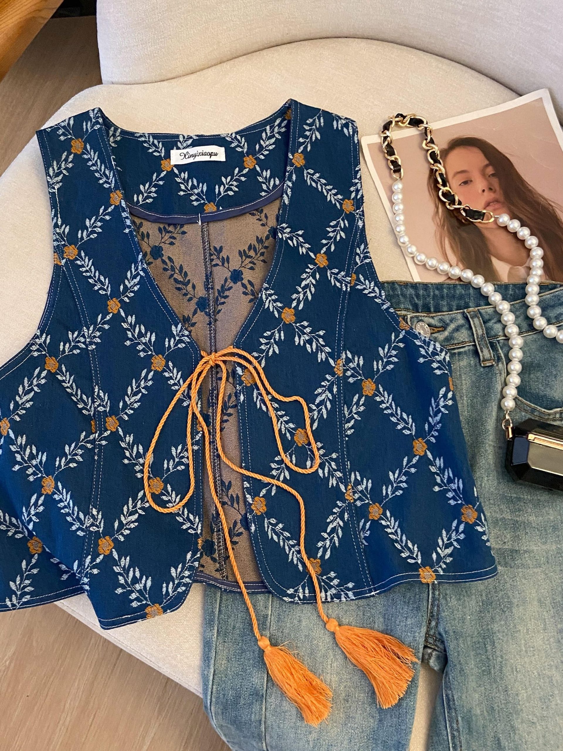 Women's Retro Jacquard Denim Vest - Ethnic Style Color-Blocked Outerwear with V-Neck and Tassel Tie-Back - Perfect for Travel Women's Retro Jacquard Denim Vest - Ethnic Style Color-Blocked Outerwear with V-Neck and Tassel Tie-Back - Perfect for Travel