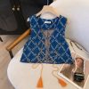 Women's Retro Jacquard Denim Vest - Ethnic Style Color-Blocked Outerwear with V-Neck and Tassel Tie-Back - Perfect for Travel