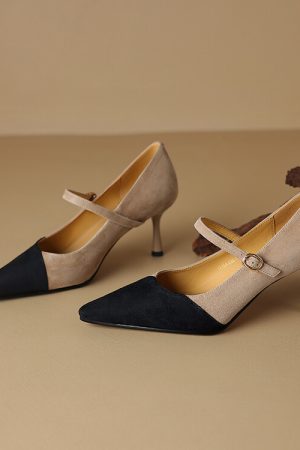 Women's Retro Patchwork High Heels - Italian-Style Soft-Soled Comfort Shoes with 7 cm Shallow Mouth Design