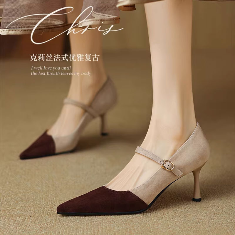 Women's Retro Patchwork High Heels - Italian-Style Soft-Soled Comfort Shoes with 7 cm Shallow Mouth Design Women's Retro Patchwork High Heels - Italian-Style Soft-Soled Comfort Shoes with 7 cm Shallow Mouth Design