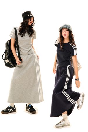 Women's Retro Sports Set with Three Stripes, Short Sleeve T-Shirt and High Waist Draped Mid-Length Skirt - Summer Style