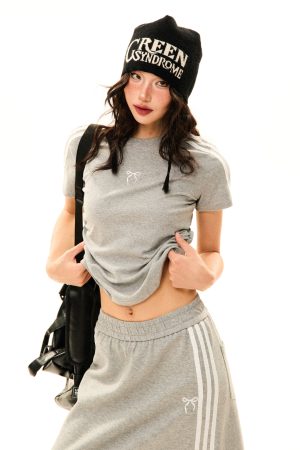 Women's Retro Sports Set with Three Stripes, Short Sleeve T-Shirt and High Waist Draped Mid-Length Skirt - Summer Style
