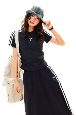 Women's Retro Sports Set with Three Stripes, Short Sleeve T-Shirt and High Waist Draped Mid-Length Skirt - Summer Style